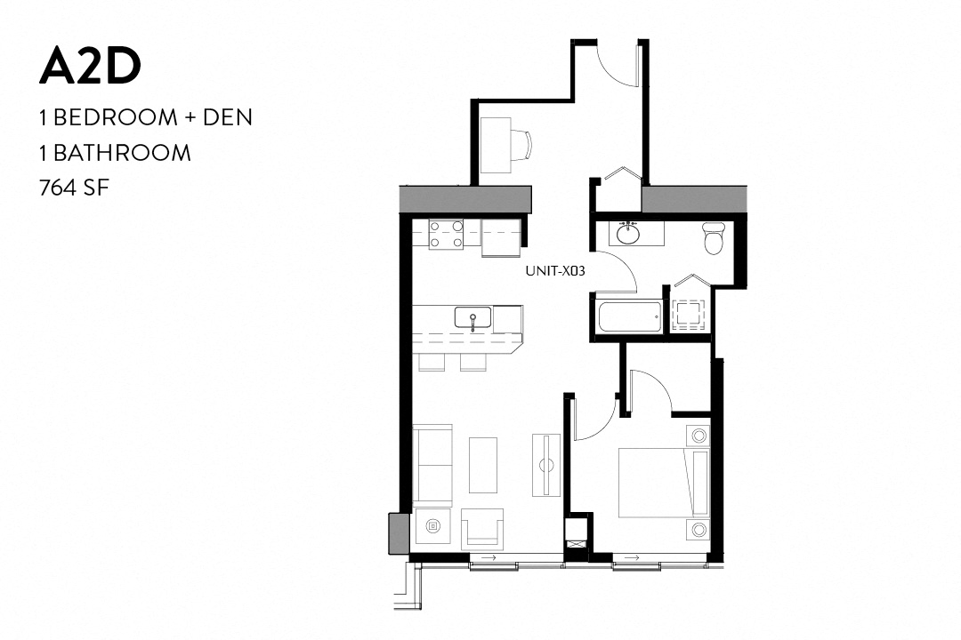 Floor plan for 1 bed, 1 bath, 764 sqft